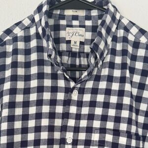 J.Crew‎ Slim Cotton Linen Twill Button Down Shirt Mens Medium Blue White Gingham